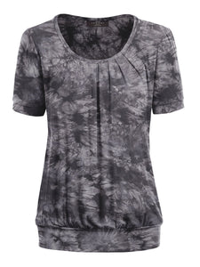 WT2164 Women's Tie dye Scoop Neck Short Sleeve Front Pleated Blouse Tunic Top
