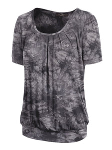 WT2164 Women's Tie dye Scoop Neck Short Sleeve Front Pleated Blouse Tunic Top