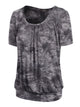WT2164 Women's Tie dye Scoop Neck Short Sleeve Front Pleated Blouse Tunic Top