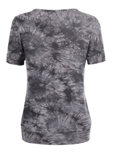 WT2164 Women's Tie dye Scoop Neck Short Sleeve Front Pleated Blouse Tunic Top
