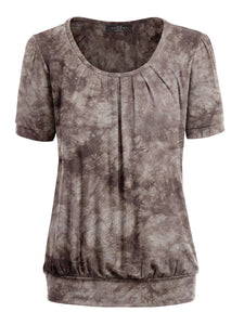 WT2164 Women's Tie dye Scoop Neck Short Sleeve Front Pleated Blouse Tunic Top