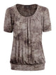 WT2164 Women's Tie dye Scoop Neck Short Sleeve Front Pleated Blouse Tunic Top