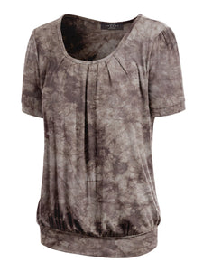 WT2164 Women's Tie dye Scoop Neck Short Sleeve Front Pleated Blouse Tunic Top