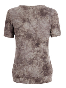 WT2164 Women's Tie dye Scoop Neck Short Sleeve Front Pleated Blouse Tunic Top