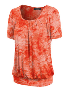 WT2164 Women's Tie dye Scoop Neck Short Sleeve Front Pleated Blouse Tunic Top