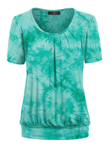 WT2164 Women's Tie dye Scoop Neck Short Sleeve Front Pleated Blouse Tunic Top