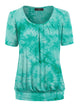 WT2164 Women's Tie dye Scoop Neck Short Sleeve Front Pleated Blouse Tunic Top