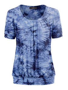 WT2164 Women's Tie dye Scoop Neck Short Sleeve Front Pleated Blouse Tunic Top