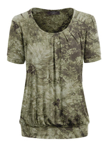 WT2164 Women's Tie dye Scoop Neck Short Sleeve Front Pleated Blouse Tunic Top