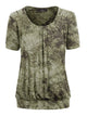 WT2164 Women's Tie dye Scoop Neck Short Sleeve Front Pleated Blouse Tunic Top