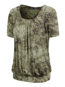 WT2164 Women's Tie dye Scoop Neck Short Sleeve Front Pleated Blouse Tunic Top