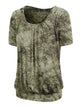 WT2164 Women's Tie dye Scoop Neck Short Sleeve Front Pleated Blouse Tunic Top