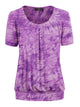 WT2164 Women's Tie dye Scoop Neck Short Sleeve Front Pleated Blouse Tunic Top