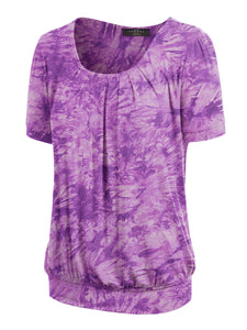 WT2164 Women's Tie dye Scoop Neck Short Sleeve Front Pleated Blouse Tunic Top