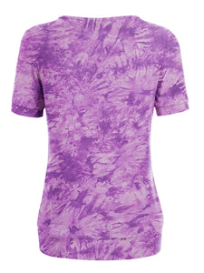 WT2164 Women's Tie dye Scoop Neck Short Sleeve Front Pleated Blouse Tunic Top