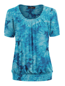 WT2164 Women's Tie dye Scoop Neck Short Sleeve Front Pleated Blouse Tunic Top