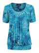 WT2164 Women's Tie dye Scoop Neck Short Sleeve Front Pleated Blouse Tunic Top