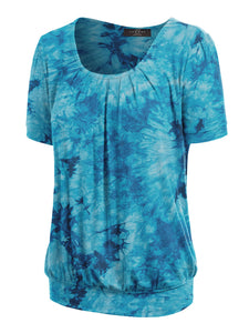 WT2164 Women's Tie dye Scoop Neck Short Sleeve Front Pleated Blouse Tunic Top