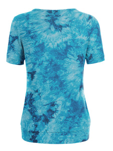WT2164 Women's Tie dye Scoop Neck Short Sleeve Front Pleated Blouse Tunic Top