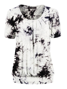 WT2164 Women's Tie dye Scoop Neck Short Sleeve Front Pleated Blouse Tunic Top