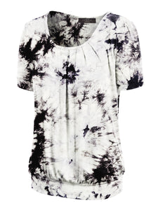 WT2164 Women's Tie dye Scoop Neck Short Sleeve Front Pleated Blouse Tunic Top
