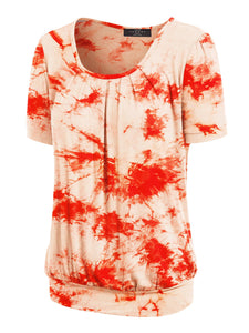 WT2164 Women's Tie dye Scoop Neck Short Sleeve Front Pleated Blouse Tunic Top