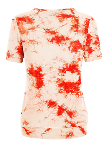 WT2164 Women's Tie dye Scoop Neck Short Sleeve Front Pleated Blouse Tunic Top
