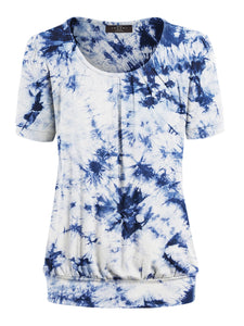 WT2164 Women's Tie dye Scoop Neck Short Sleeve Front Pleated Blouse Tunic Top