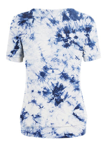 WT2164 Women's Tie dye Scoop Neck Short Sleeve Front Pleated Blouse Tunic Top