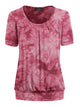 WT2164 Women's Tie dye Scoop Neck Short Sleeve Front Pleated Blouse Tunic Top