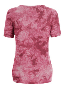 WT2164 Women's Tie dye Scoop Neck Short Sleeve Front Pleated Blouse Tunic Top