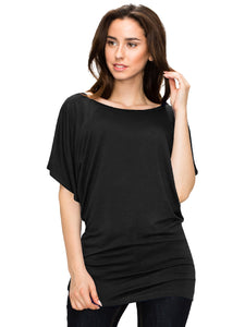 WT742 Women's Solid Short Sleeve Boat Crew Neck Dolman