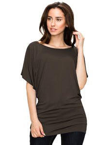 WT742 Women's Solid Short Sleeve Boat Crew Neck Dolman