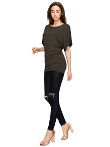 WT742 Women's Solid Short Sleeve Boat Crew Neck Dolman