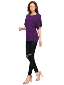 WT742 Women's Solid Short Sleeve Boat Crew Neck Dolman