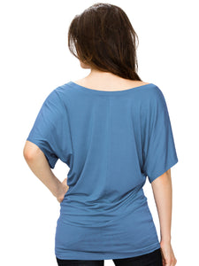 WT742 Women's Solid Short Sleeve Boat Crew Neck Dolman
