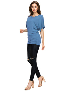 WT742 Women's Solid Short Sleeve Boat Crew Neck Dolman