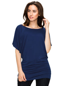 WT742 Women's Solid Short Sleeve Boat Crew Neck Dolman