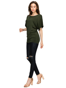 WT742 Women's Solid Short Sleeve Boat Crew Neck Dolman