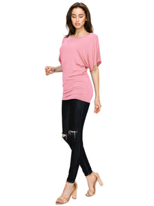 WT742 Women's Solid Short Sleeve Boat Crew Neck Dolman