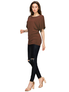 WT742 Women's Solid Short Sleeve Boat Crew Neck Dolman