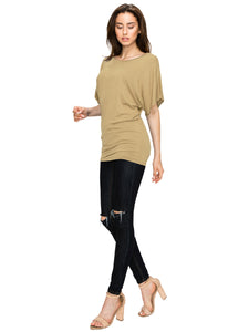 WT742 Women's Solid Short Sleeve Boat Crew Neck Dolman