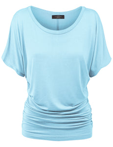 WT817 Women's Solid Short Sleeve Boat Neck Dolman Top with Side Shirring