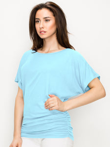 WT817 Women's Solid Short Sleeve Boat Neck Dolman Top with Side Shirring
