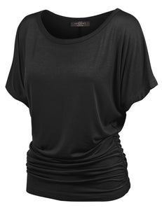 WT817 Women's Solid Short Sleeve Boat Neck Dolman Top with Side Shirring