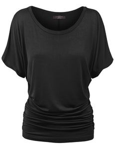 WT817 Women's Solid Short Sleeve Boat Neck Dolman Top with Side Shirring