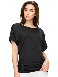 WT817 Women's Solid Short Sleeve Boat Neck Dolman Top with Side Shirring