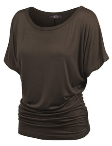 WT817 Women's Solid Short Sleeve Boat Neck Dolman Top with Side Shirring