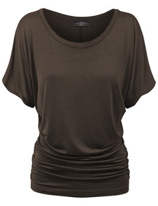 WT817 Women's Solid Short Sleeve Boat Neck Dolman Top with Side Shirring