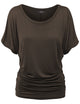 WT817 Women's Solid Short Sleeve Boat Neck Dolman Top with Side Shirring